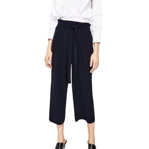 Zara Coulettes Wide Leg Tie Waist Pants Pull On Black Flowy Cropped Size XS